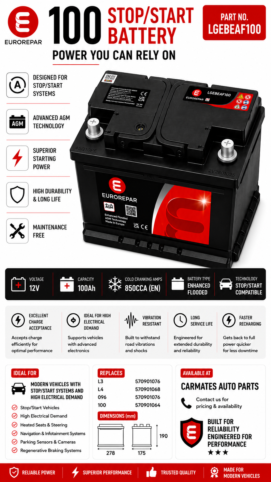 EUROREPAR 100 EFB STOP/START BATTERY - 3 YEARS GUARANTEE
